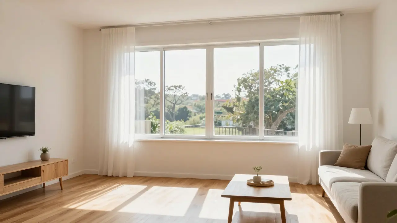 Sala luminosa con ventanas aislantes y decoración minimalista