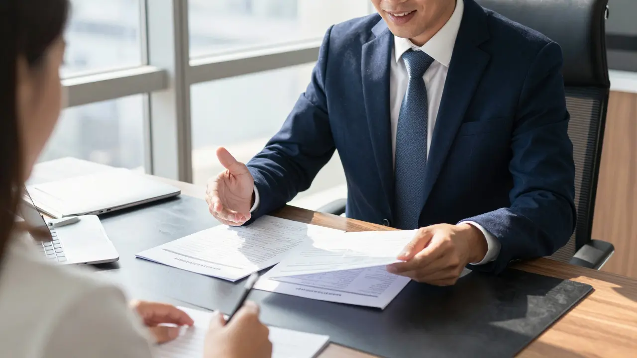 Asesor financiero explicando opciones de préstamo a un cliente en oficina