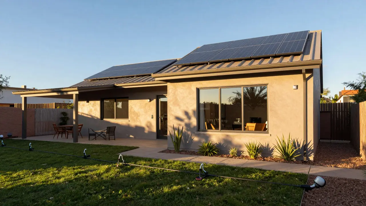 Casa en Mendoza con paneles solares, doble vidrio y jardín eficiente para revalorización.