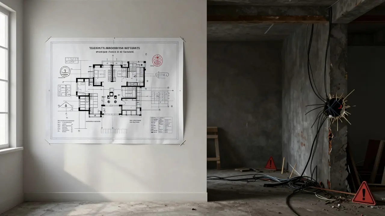 Contraste visual entre reformas legales con planos oficiales y construcciones ilegales caóticas.
