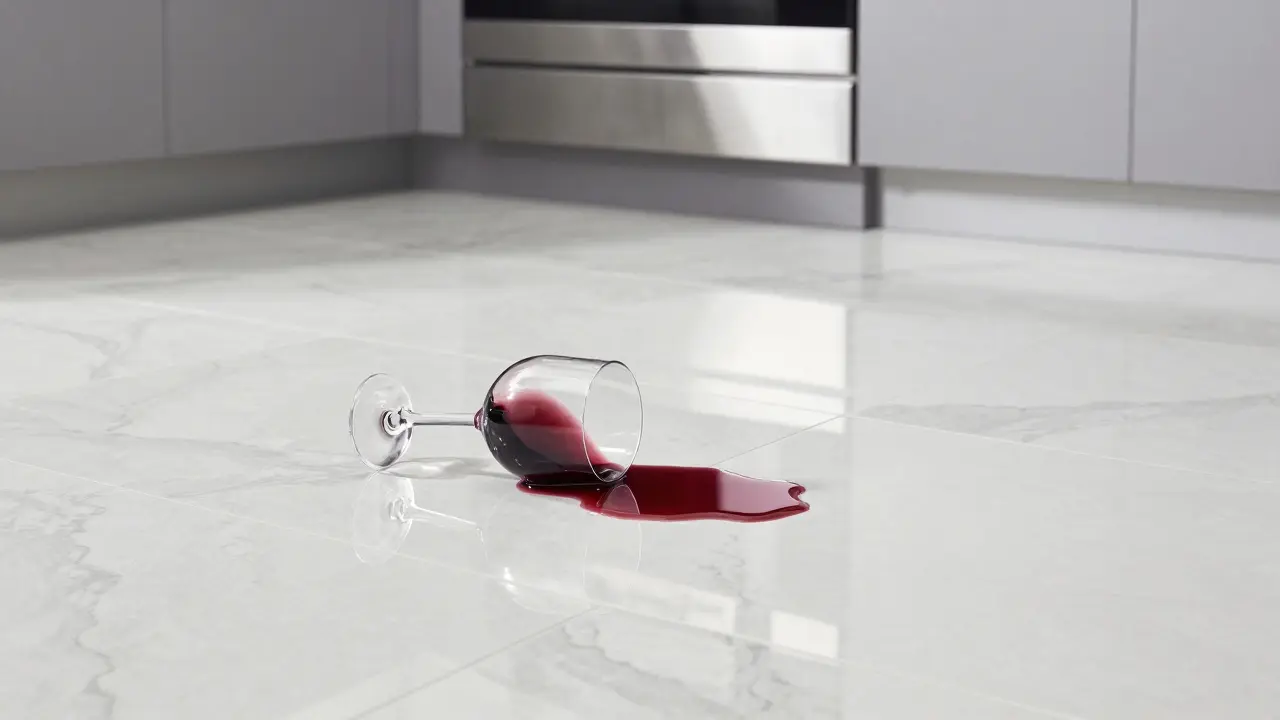 Derrame de vino sobre piso de porcelanato resistente