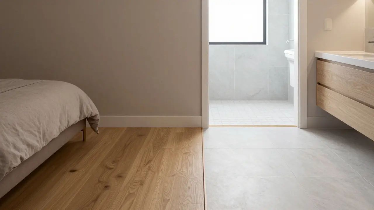 División entre piso de madera y porcelanato en hogar
