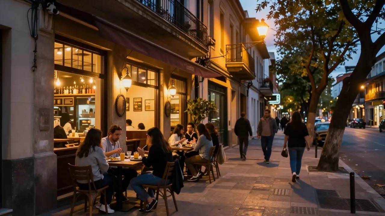 Escena nocturna en Calle Avellaneda con restaurantes iluminados y ambiente gastronómico acogedor