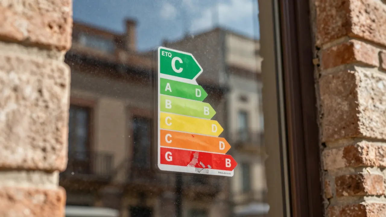 Etiqueta de eficiencia energética verde en ventana moderna frente a edificio antiguo
