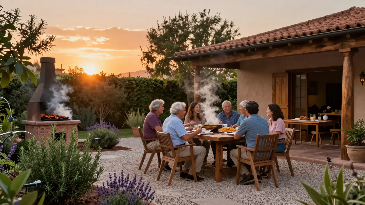 Familia cenando al aire libre en un patio diseñado con plantas nativas