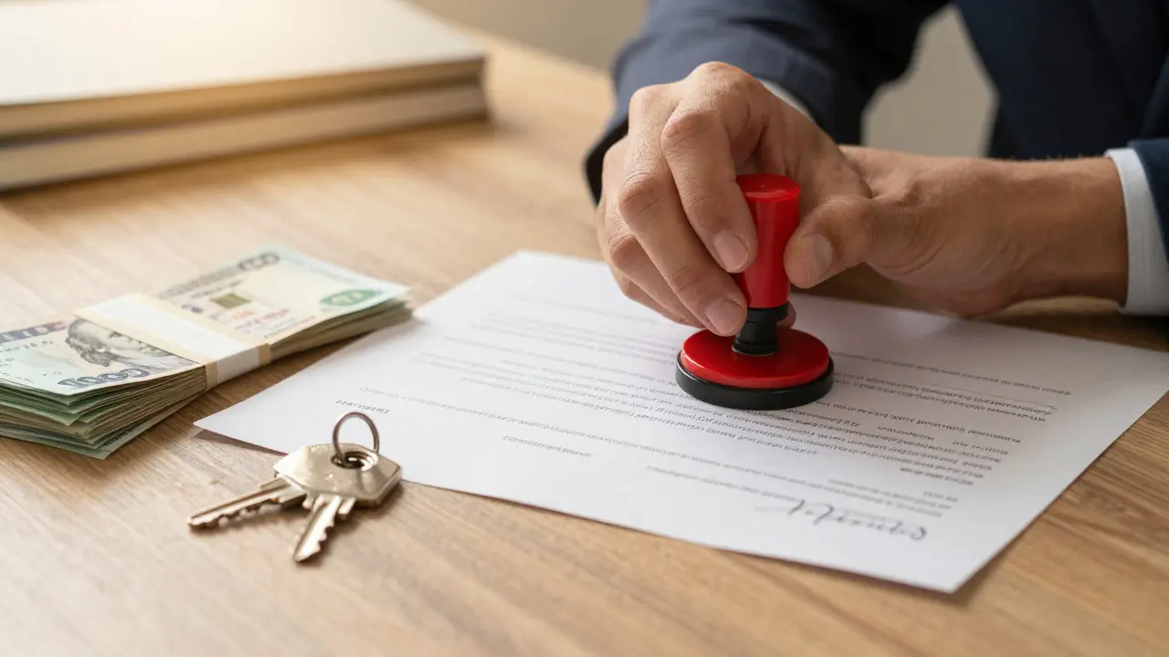 Firma de contrato y llaves cerrando venta segura