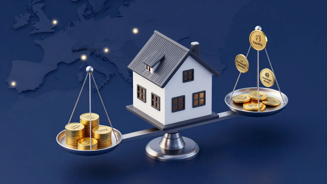 Ilustración 3D de una casa en balanza comparando hipoteca con liquidez e inversiones