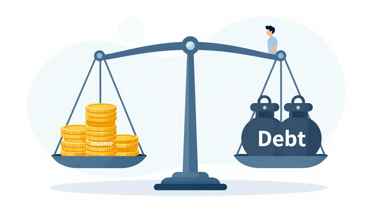 Ilustración conceptual de balanza mostrando deuda versus ingresos