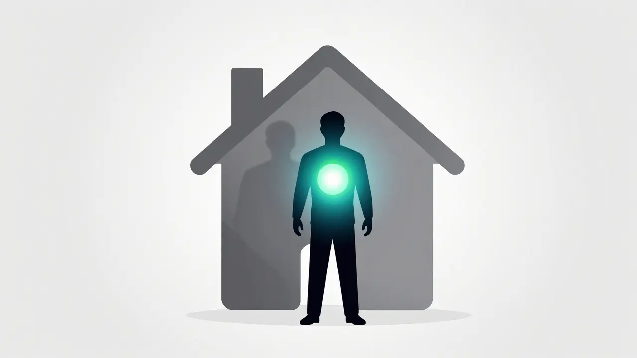 Ilustración conceptual de una figura humana protegiendo una casa con luz verde, representando el seguro de vida hipotecario.