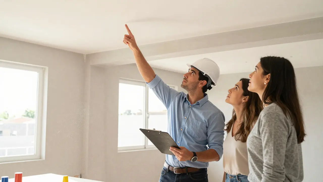 Ingeniero inspeccionando la estructura de una casa junto a compradores y vendedores