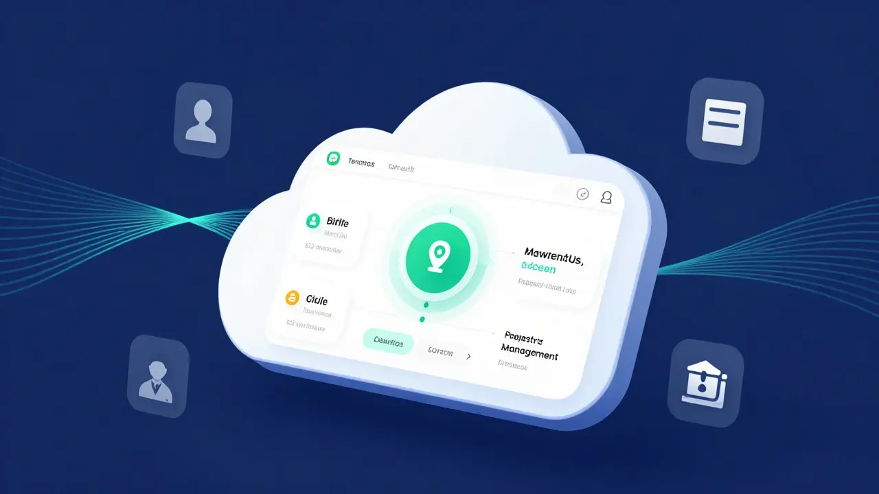 Interfaz moderna de software de gestión inmobiliaria con iconos de conectividad y datos
