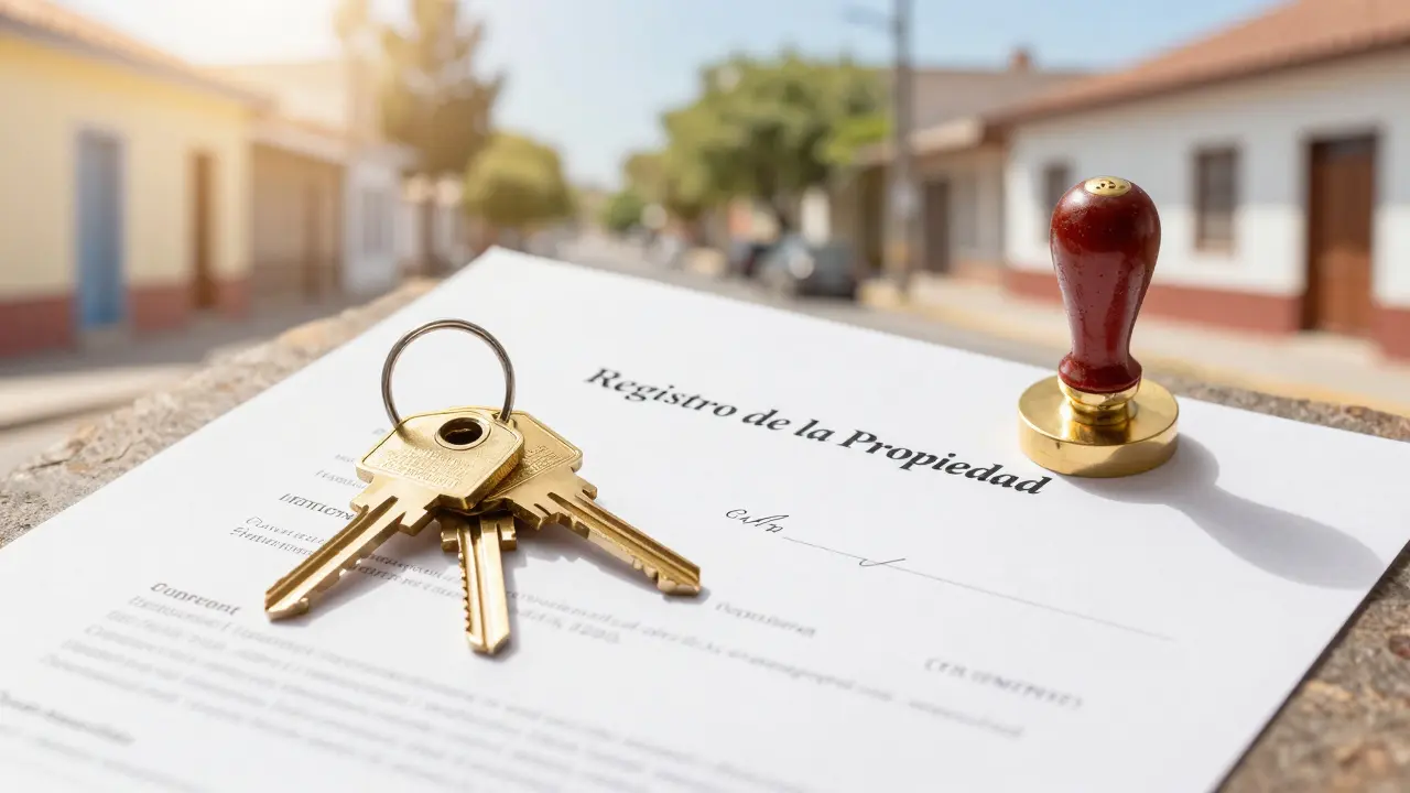Llaves de casa sobre documento registrado en propiedad
