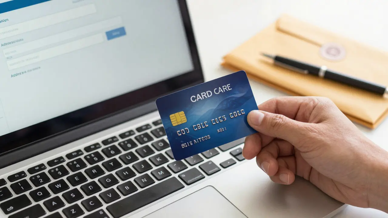 Mano sosteniendo tarjeta de crédito junto a computadora para actualizar datos financieros