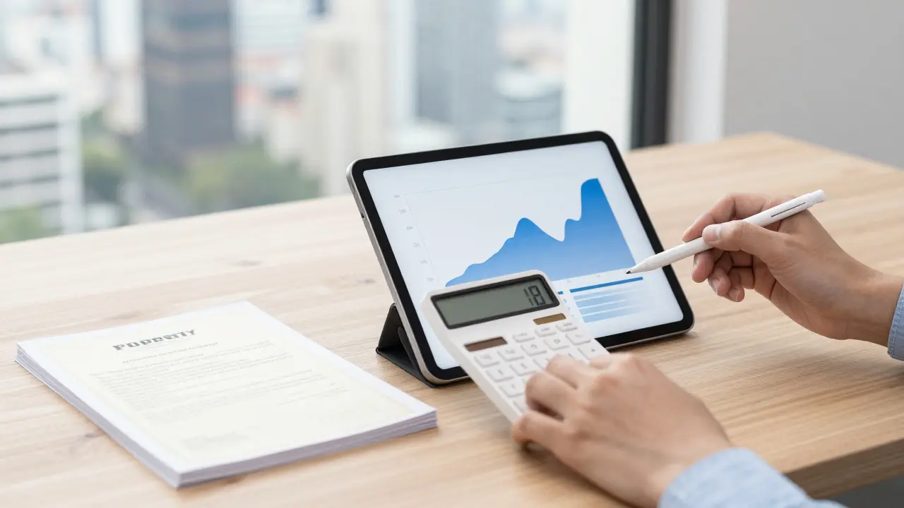Manos calculando ROI sobre una mesa con documentos legales y vista a la ciudad