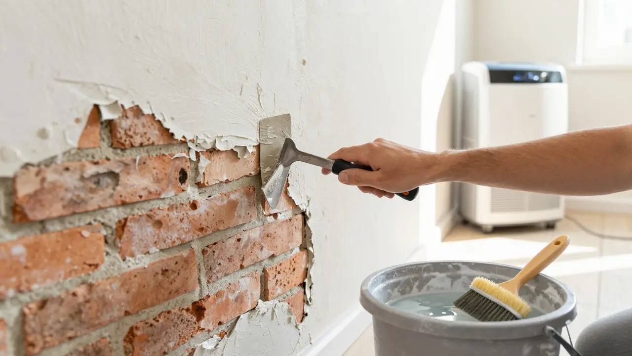 Manos reparando una pared dañada por humedad, raspando el yeso