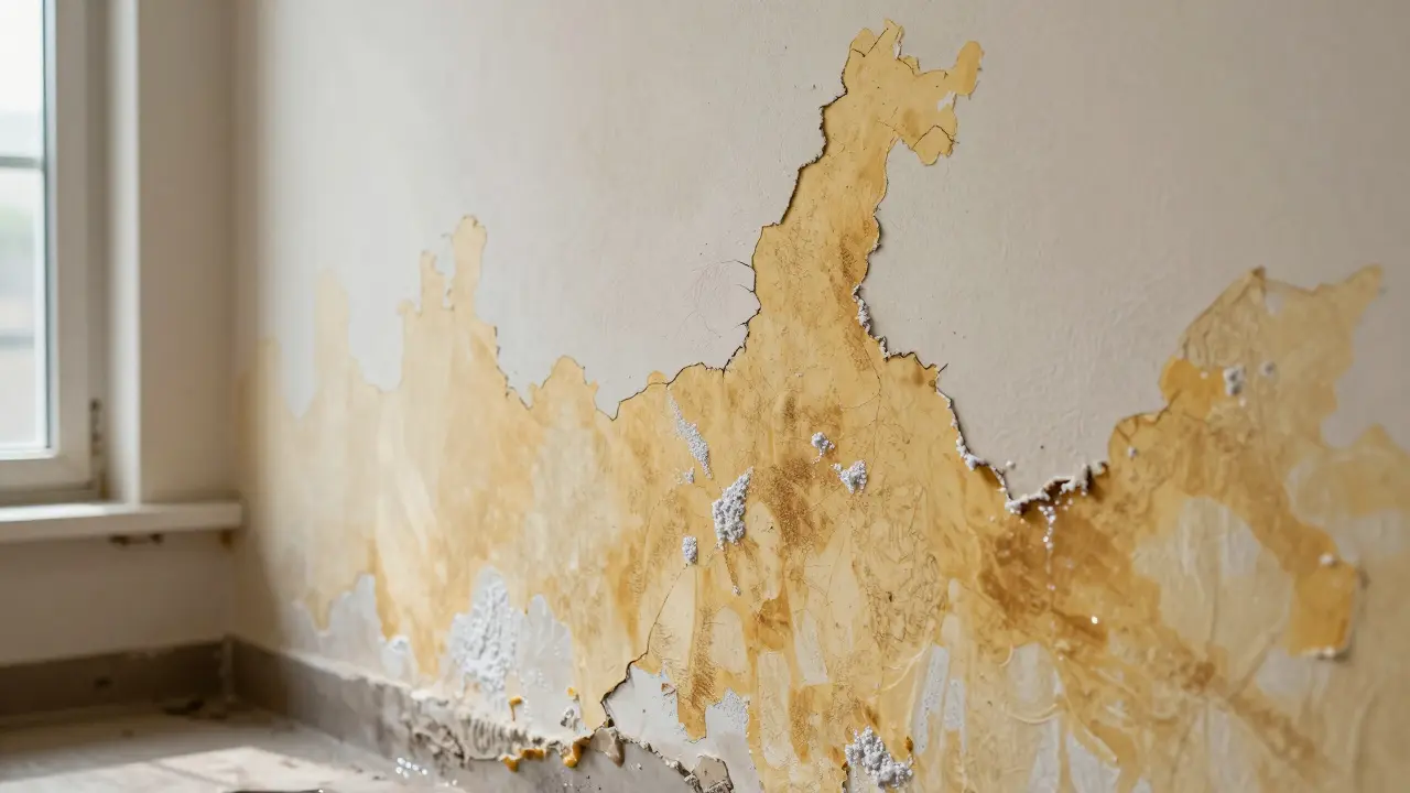 Pared con manchas de filtración y cristales blancos de sales minerales