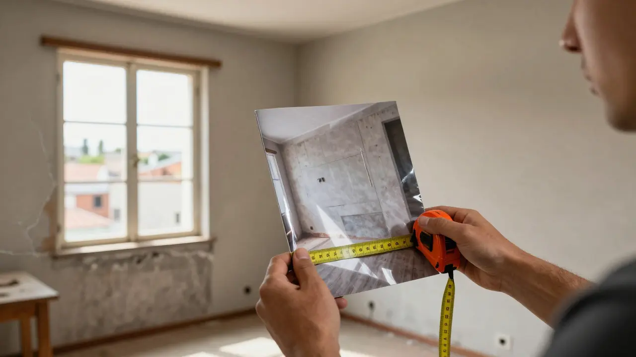 Persona midiendo una habitación real mientras compara con una foto engañosa