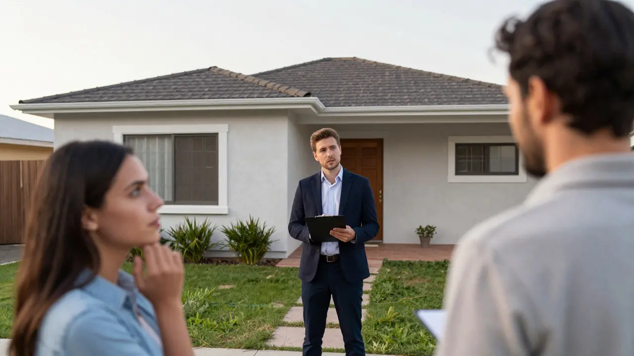 Tasador evaluando casa suburbana mientras comprador observa