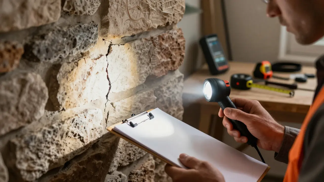 Tasador inspeccionando grietas estructurales en la fachada de una casa