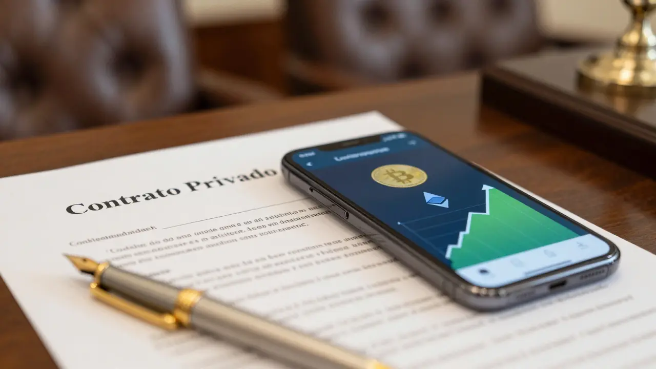 Teléfono con criptomonedas sobre un contrato inmobiliario desenfocado