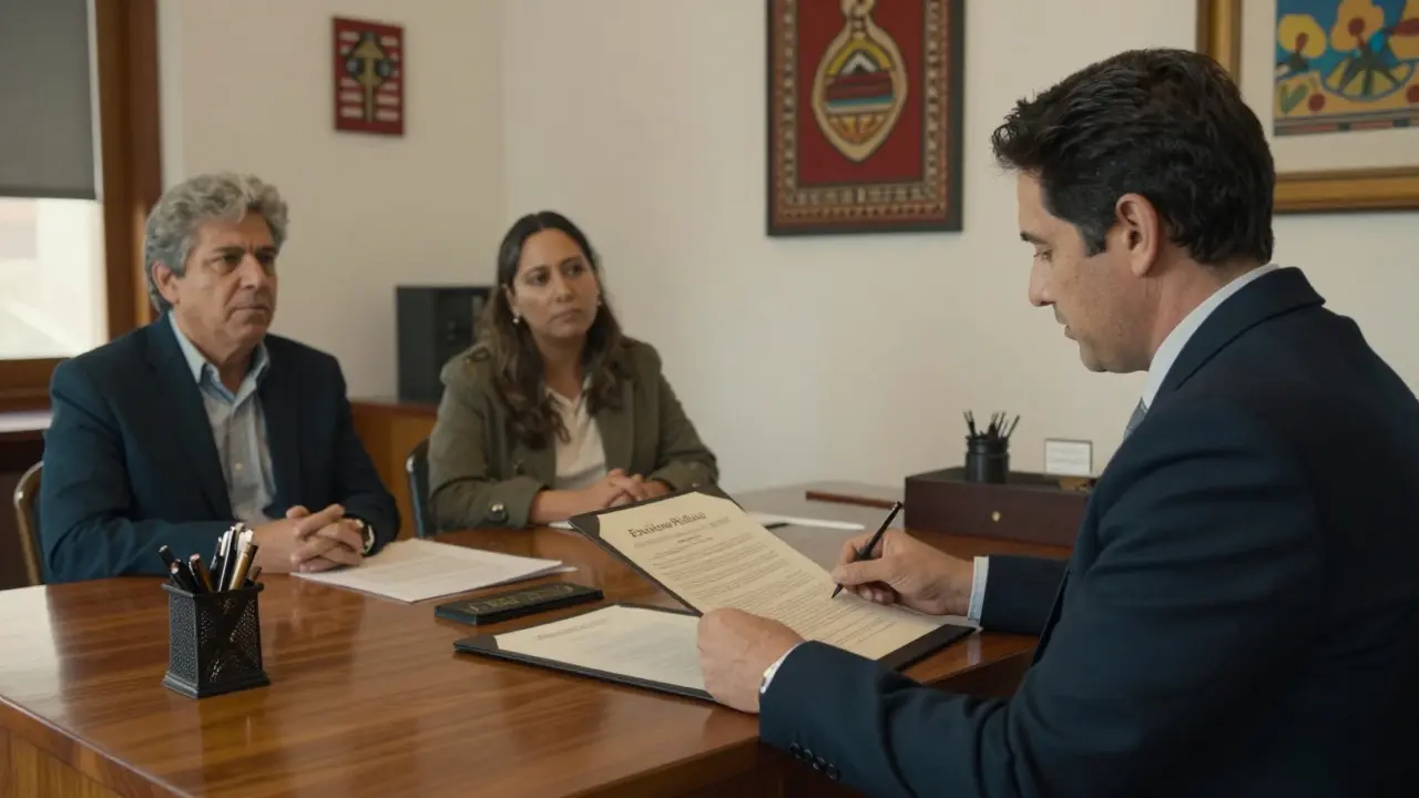 Vendedor y comprador firmando escritura pública ante el escribano