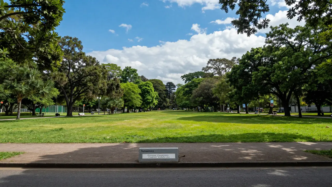 Vista del Parque Centenario en Villa Urquiza mostrando senderos verdes y áreas recreativas bajo cielo azul