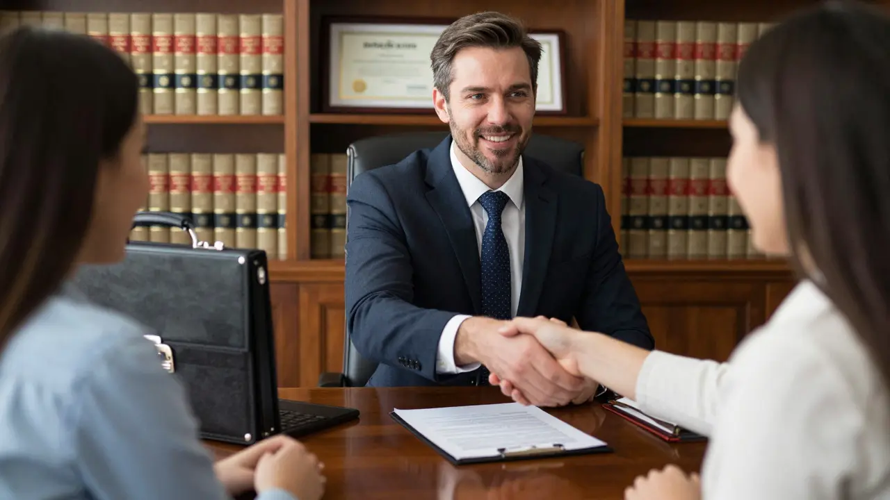 Abogado inmobiliario firmando contrato seguro con una pareja en oficina profesional