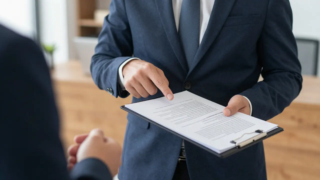 Agente inmobiliario revisando documentos con un comprador serio