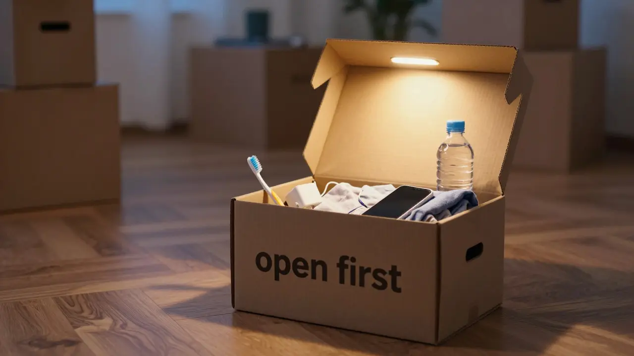 Caja de apertura inmediata con artículos esenciales iluminada cálidamente en nueva casa