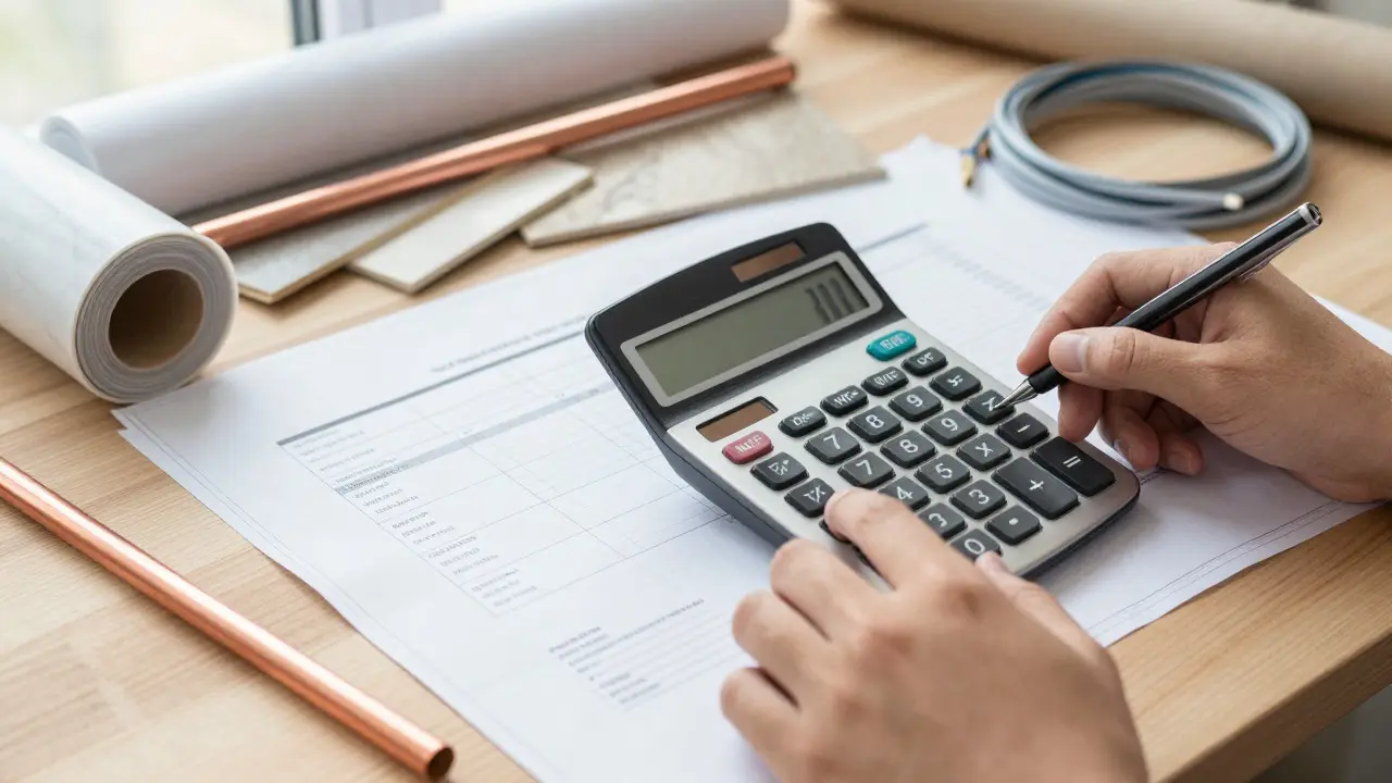 Calculadora y materiales de construcción sobre escritorio para evaluar suma asegurada