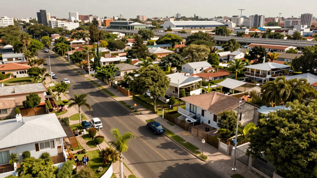 Calle arbolada en Vélez Sársfield con casas familiares y transporte