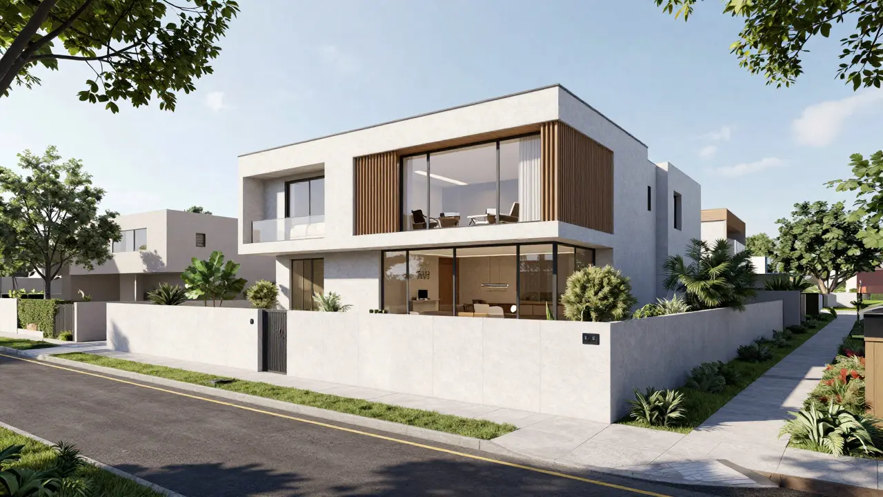 Casa moderna en lote periférico con diseño defensivo y uso mixto residencial-comercial