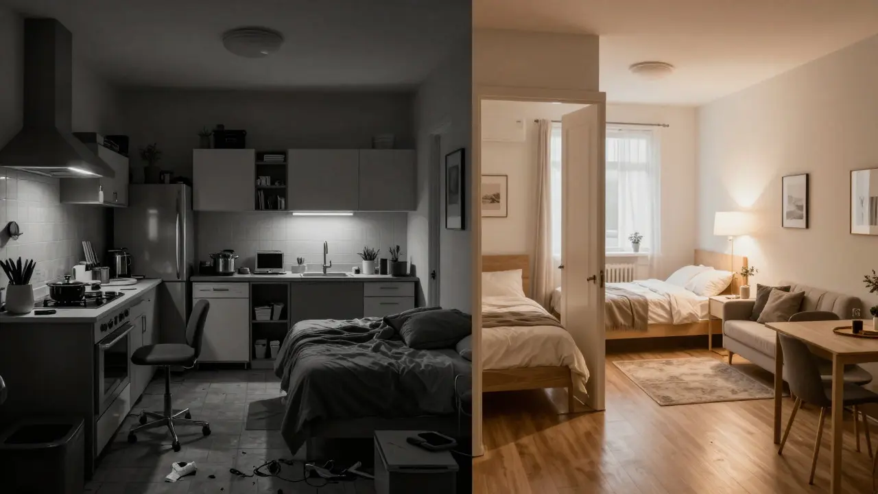 Comparación visual entre estudio abarrotado y apartamento de dos ambientes ordenado