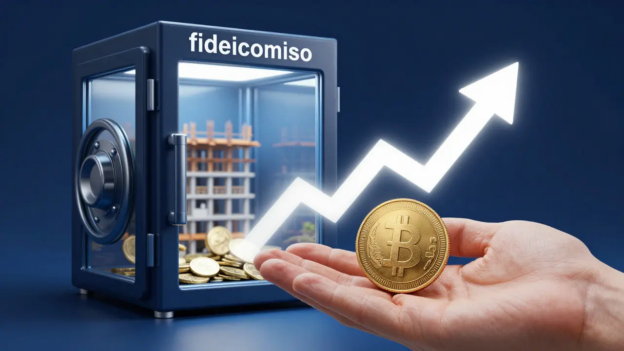 Concepto visual de seguridad financiera: una moneda dorada se transforma en gráfico bursátil frente a un cofre de seguridad.