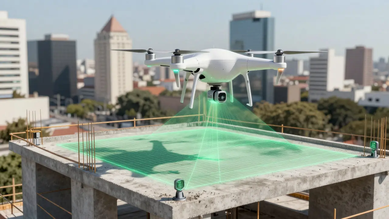 Drone y sensores IoT monitoreando calidad del hormigón en construcción