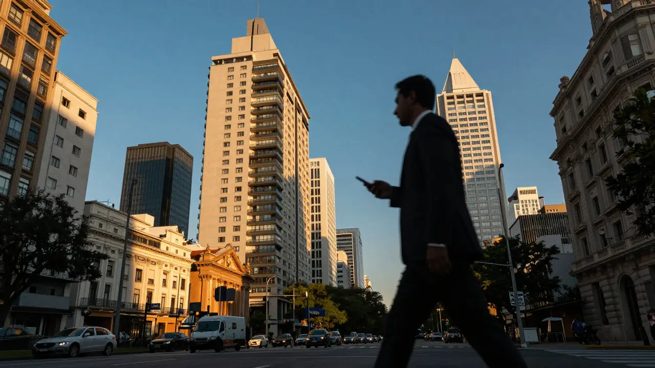 Ejecutivo caminando en distrito financiero de Buenos Aires al atardecer