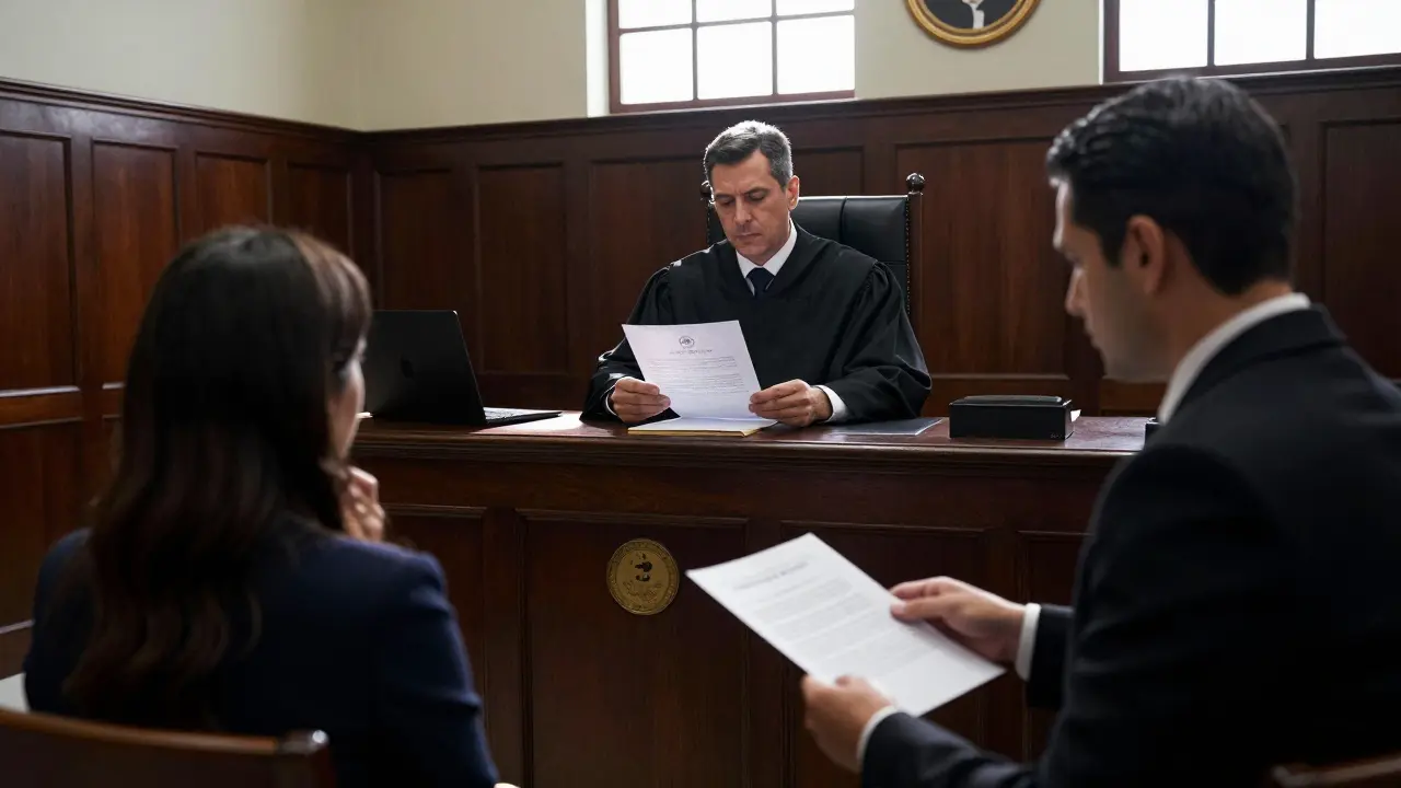 Escena en sala de juzgado argentino durante el proceso judicial de usucapión