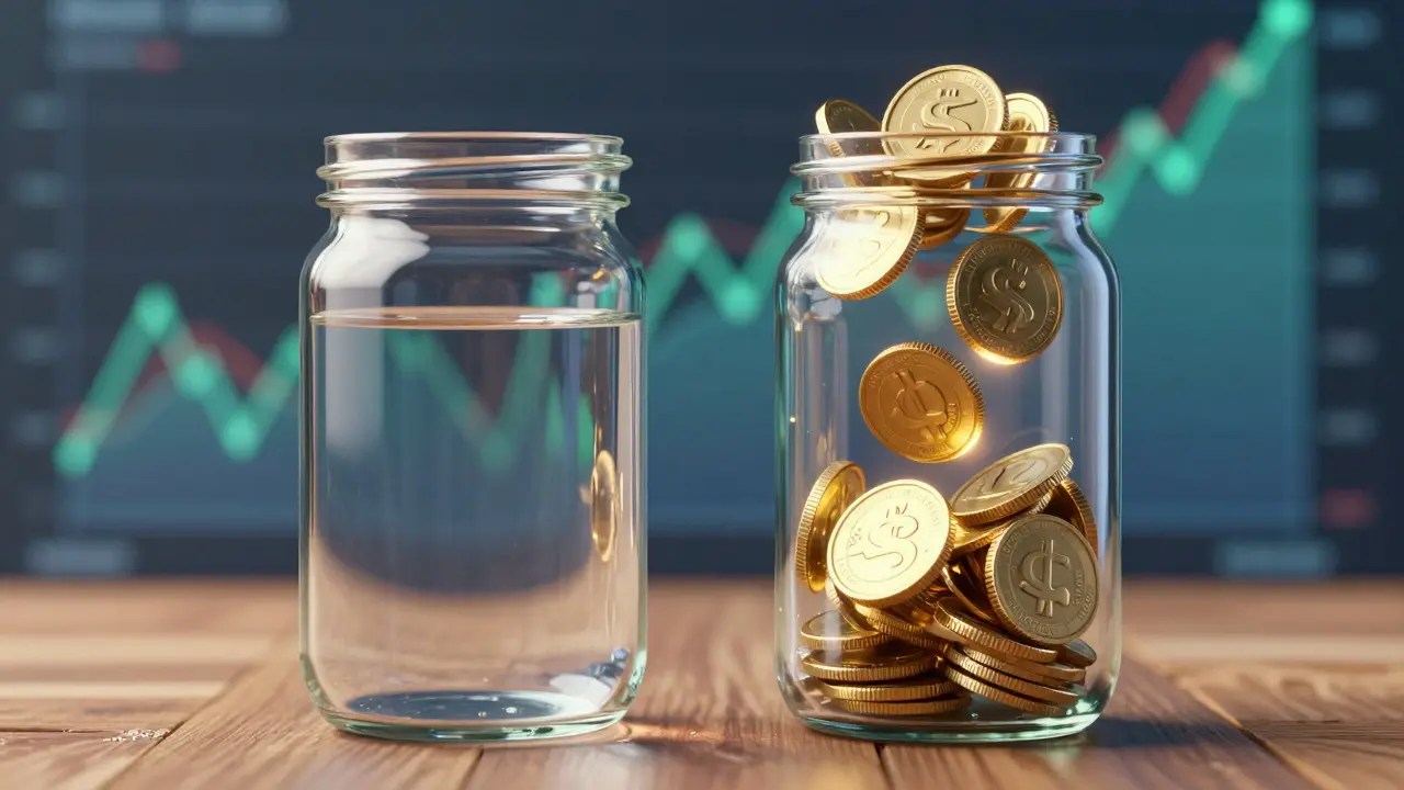 Frascos comparando ahorro simple vs interés compuesto