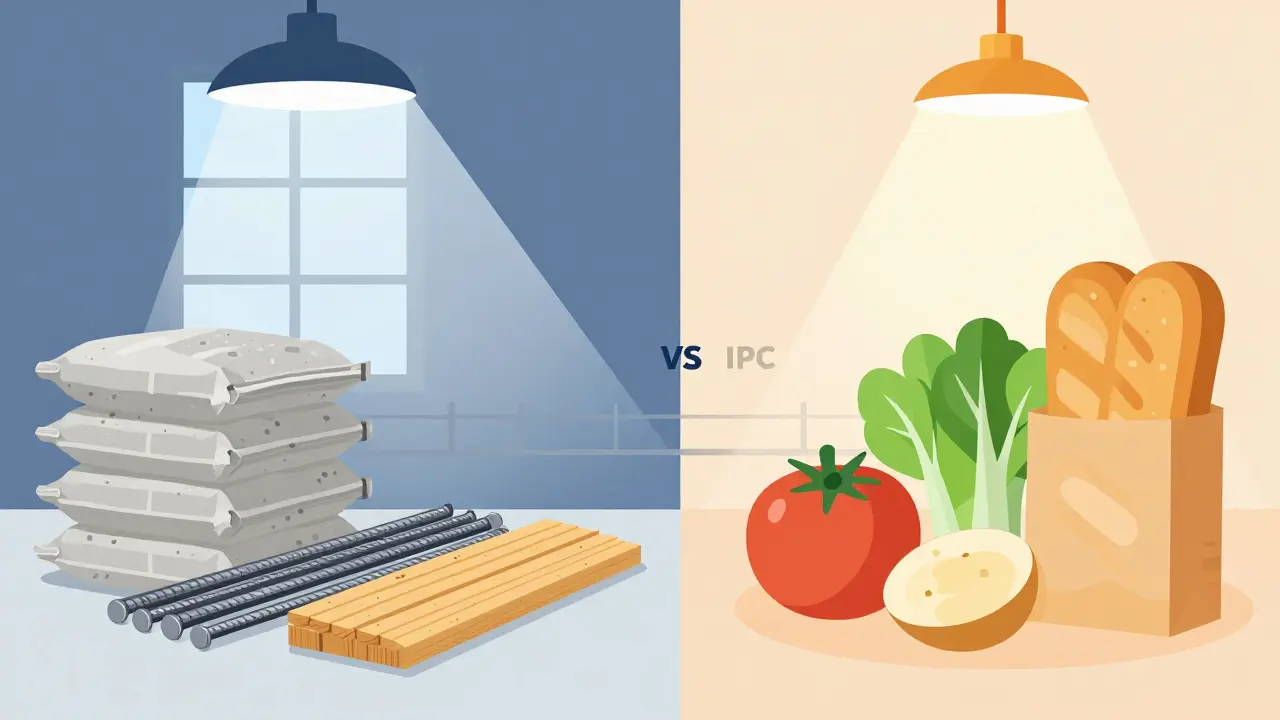 Ilustración conceptual comparando materiales de construcción y precios de consumo