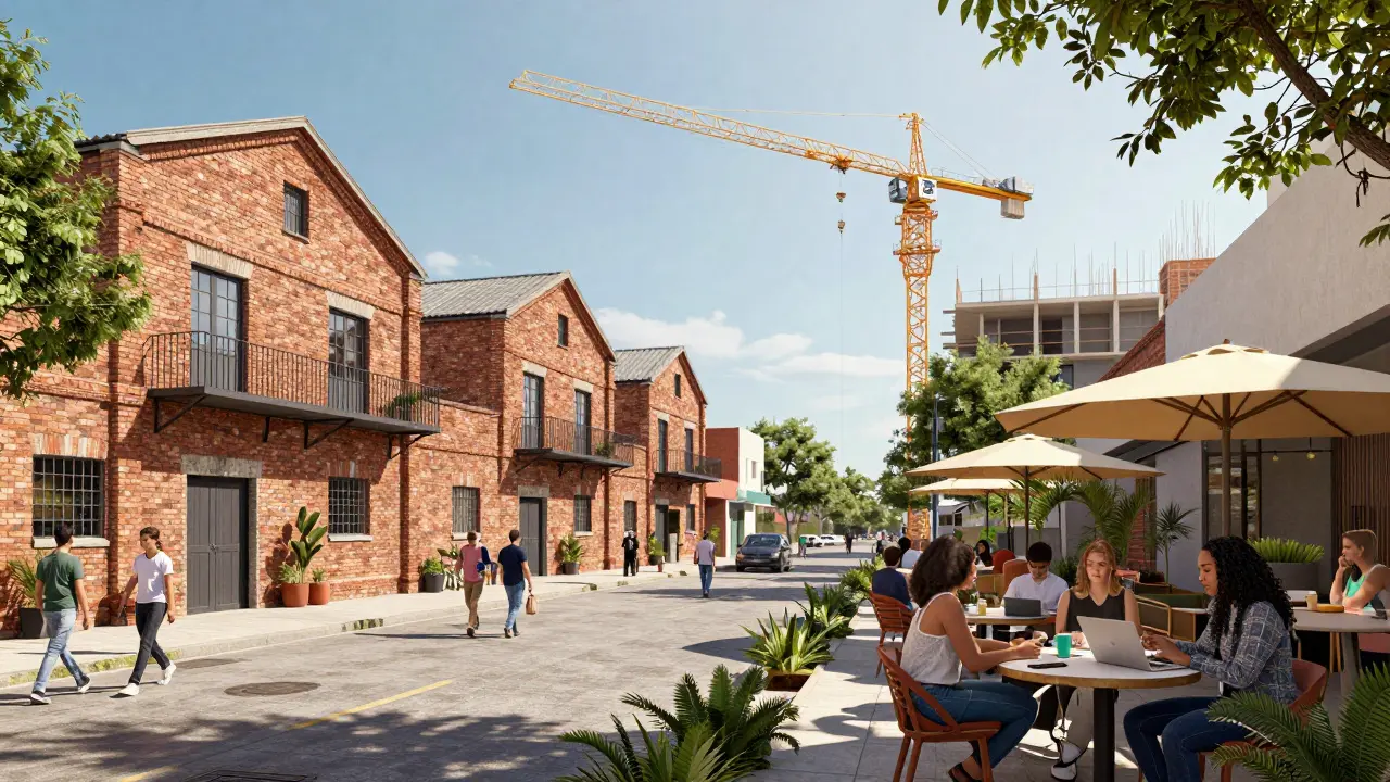 Ilustración de la renovación urbana en barrios emergentes como Mataderos, con construcciones nuevas y antiguas.