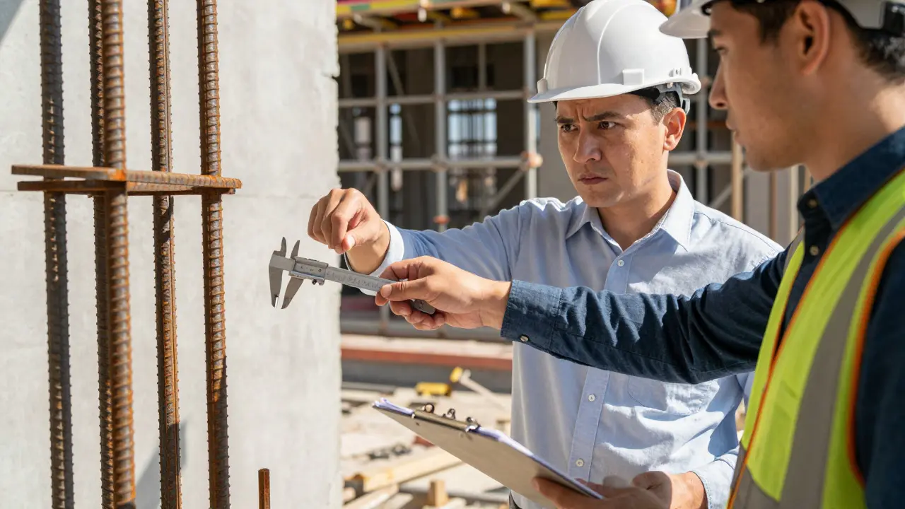 Ingeniero midiendo acero para detectar fraude o negligencia en obra