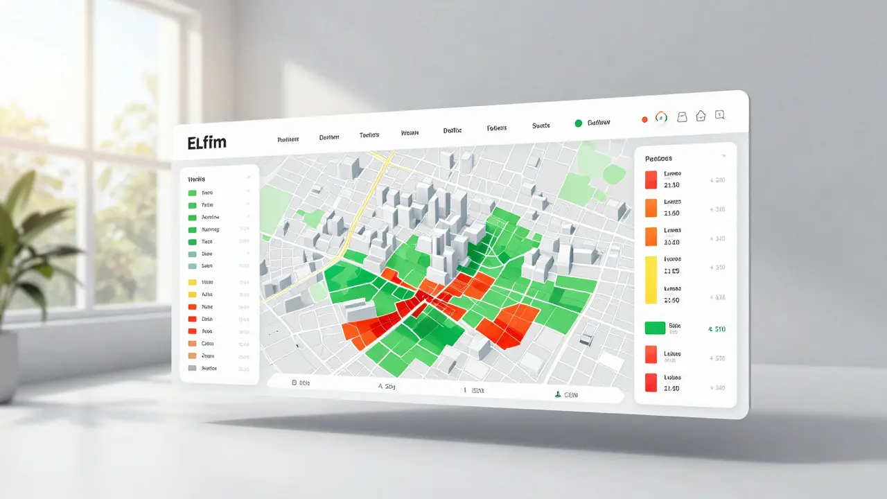 Interfaz futurista mostrando datos predictivos sobre ruido y eficiencia energética