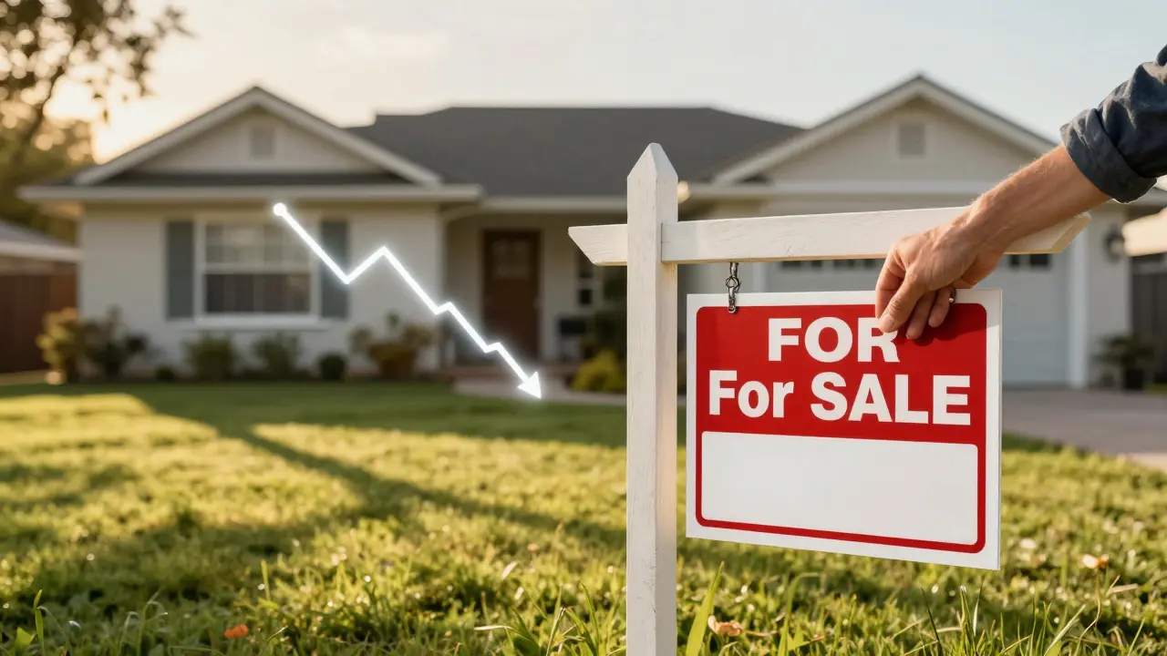 Mano colocando cartel de venta frente a casa suburbana al atardecer