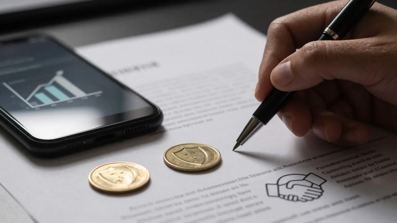 Mano firmando contrato con símbolos de garantías financieras al lado