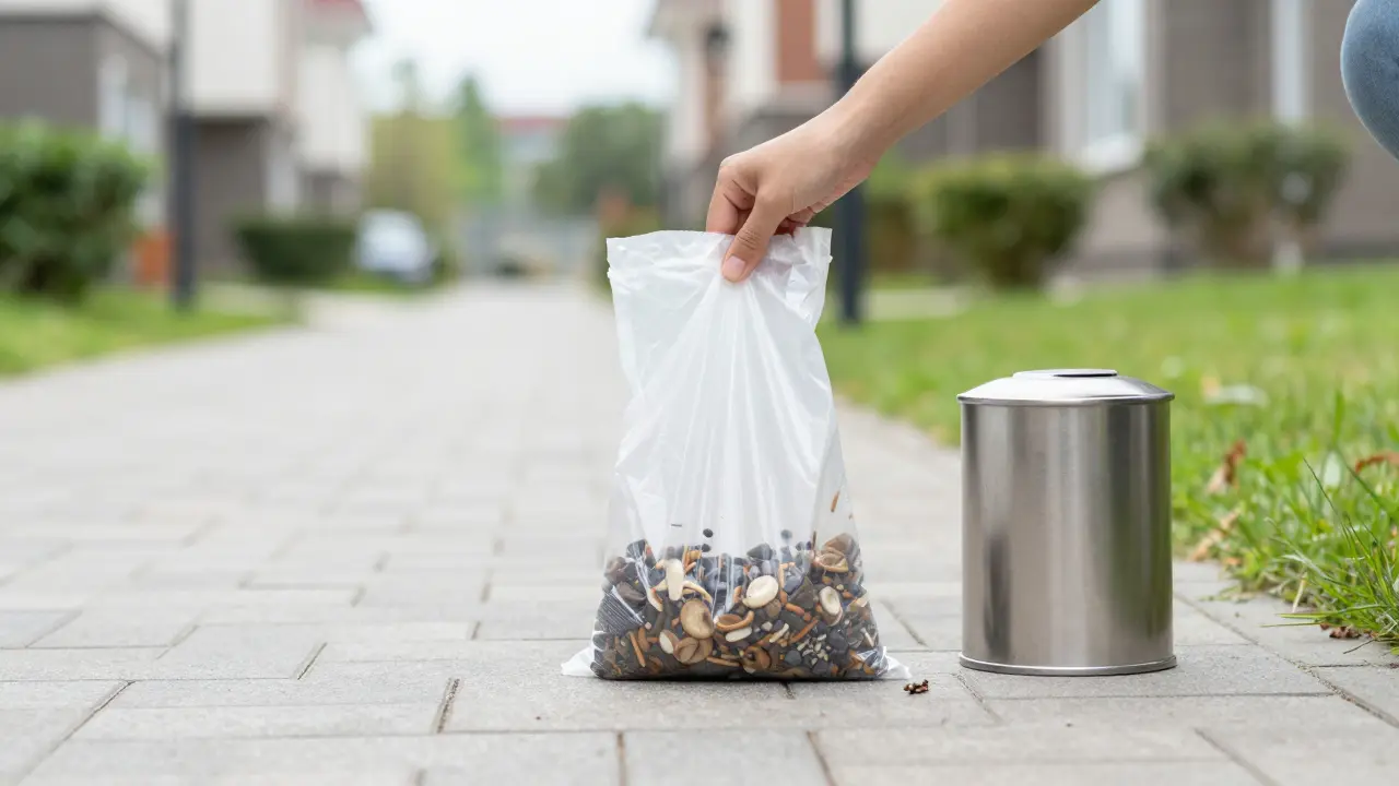 Mano recogiendo excrementos de perro en bolsa biodegradable en camino residencial