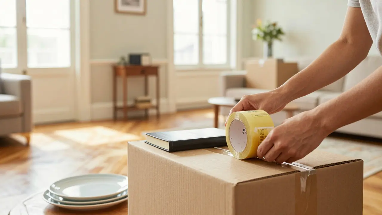 Manos empacando cuidadosamente libros y platos en cajas de cartón