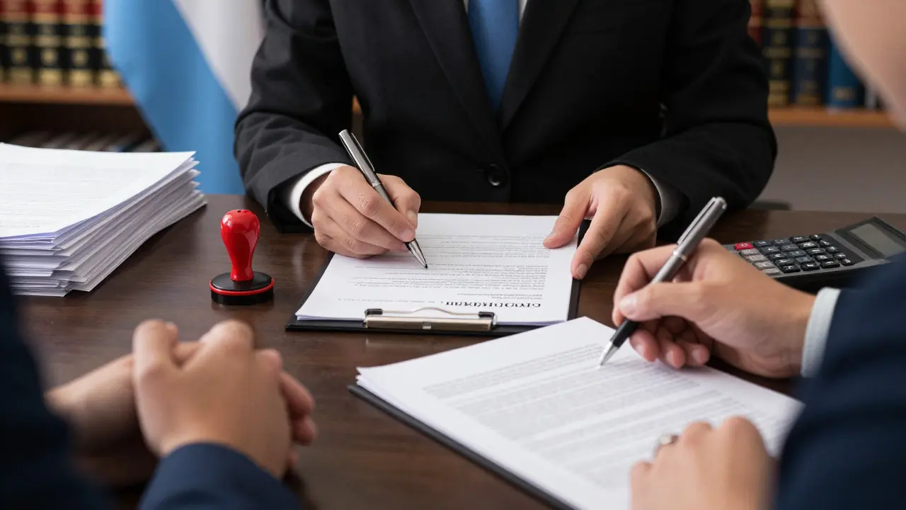 Manos firmando escrituras notariales con sello oficial y documentos legales en Argentina