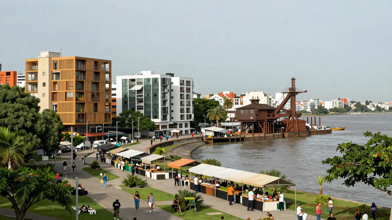 Mataderos junto al río con mercados orgánicos y edificios modernos