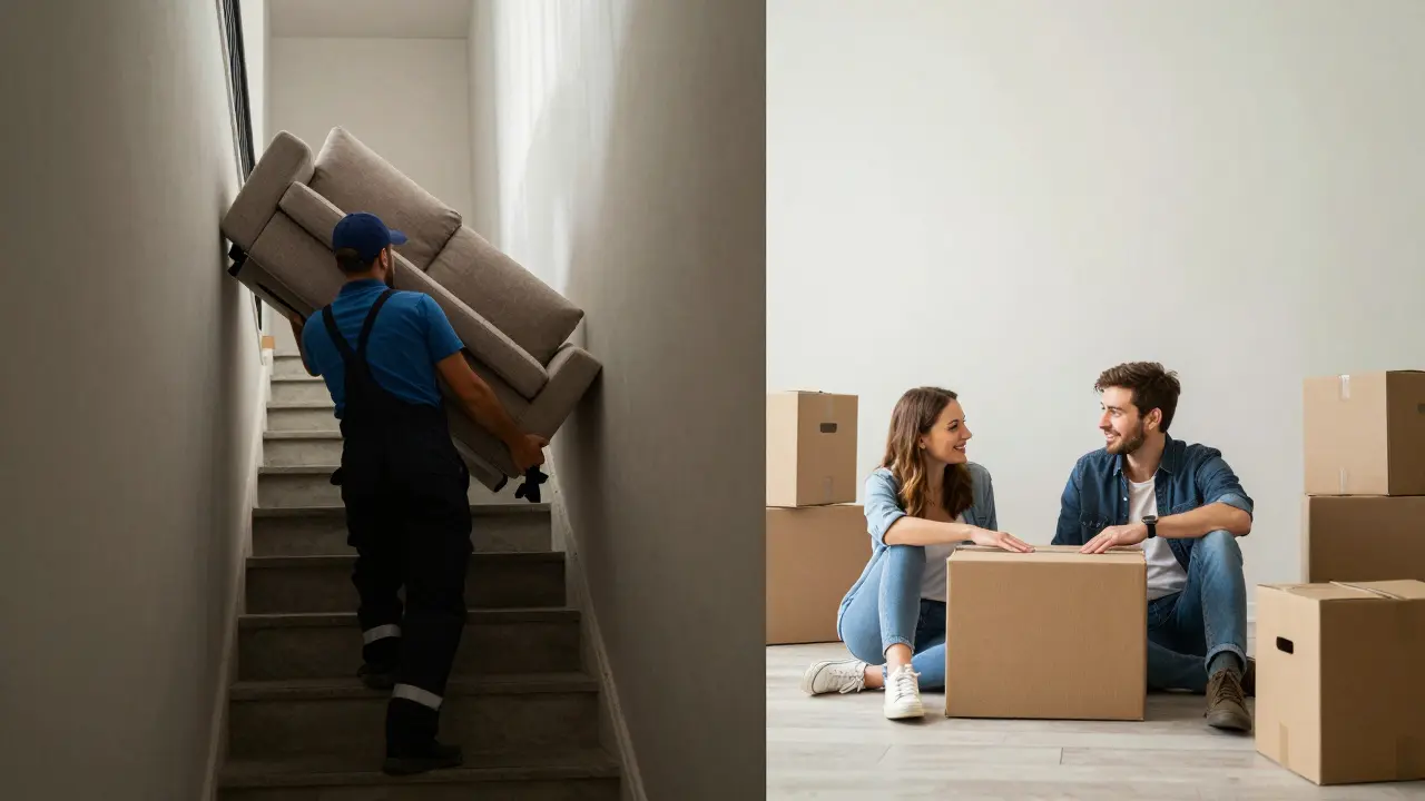 Mudanza por escaleras antiguas versus nuevo hogar luminoso y relajado