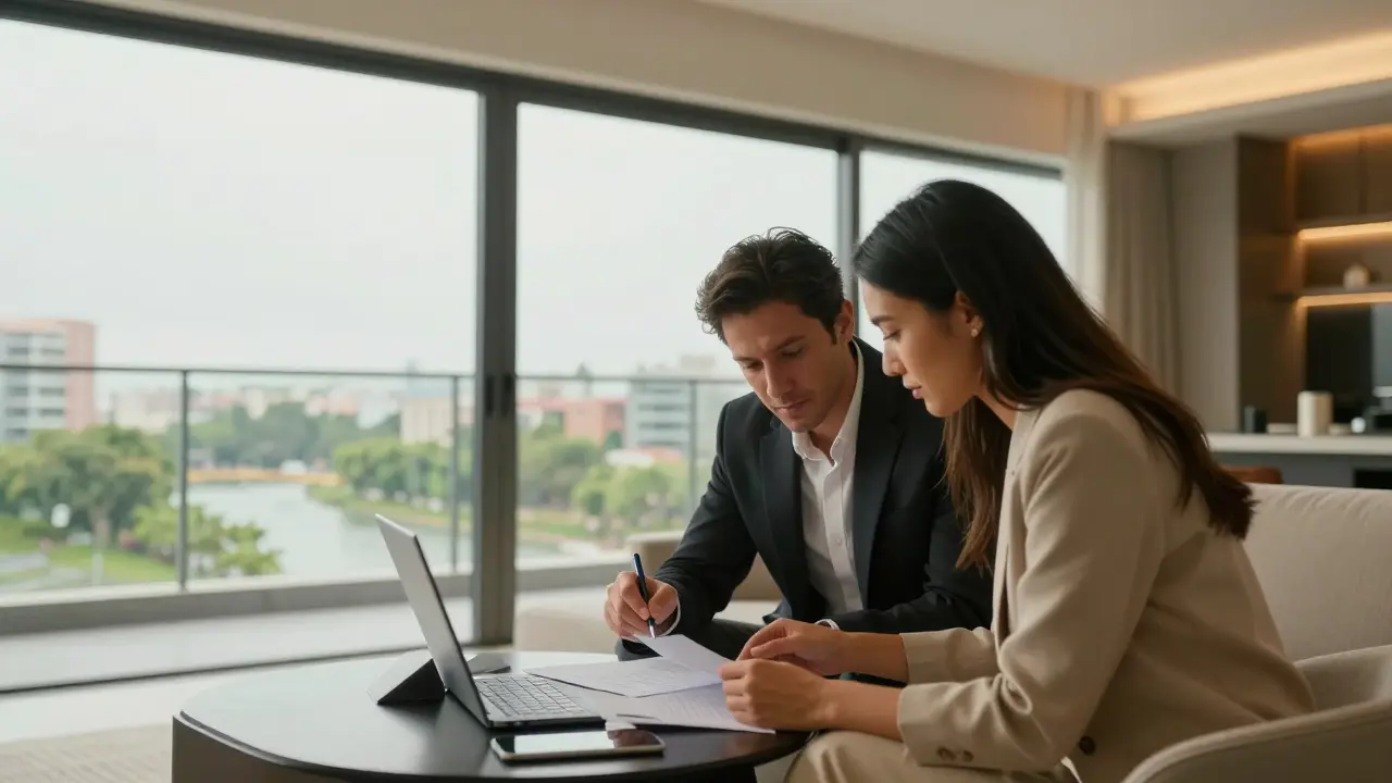 Pareja profesional revisando documentos en un moderno departamento de lujo en Palermo o Puerto Madero.
